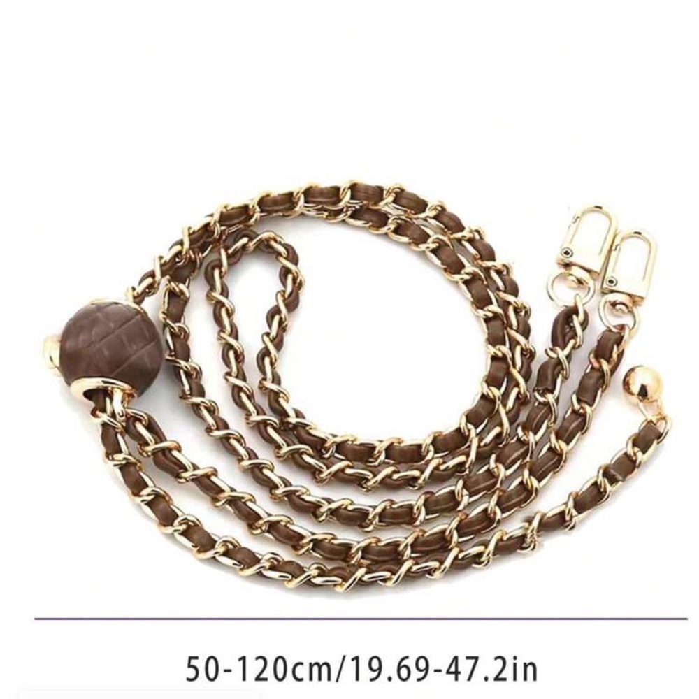 Brown Leather-Woven Chain Strap with Gold Hardware - Women's Bag & Key Strap